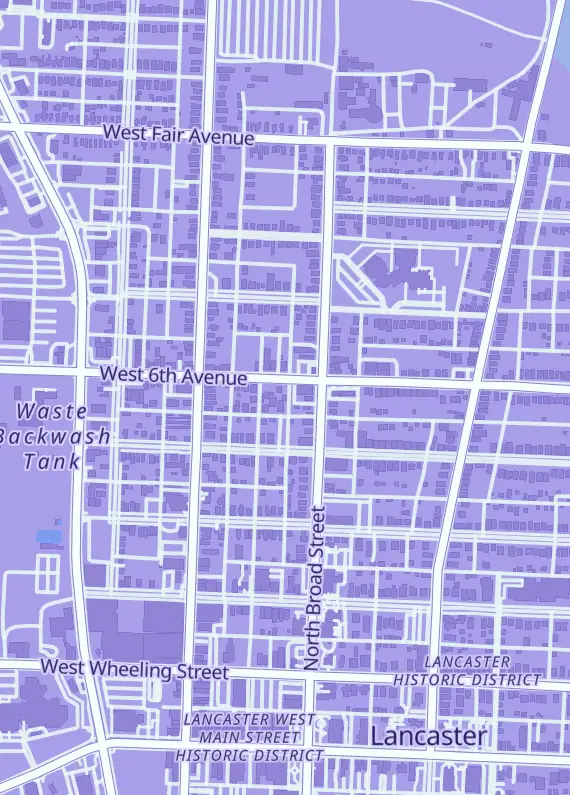 Street map around Cards On 6th Hobby Shop, 120 W 6th Ave, Lancaster, OH