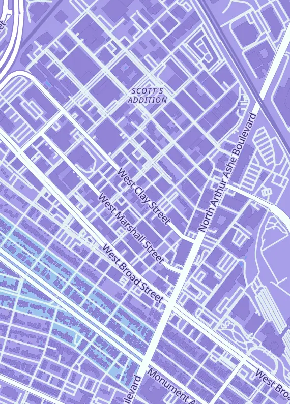 Street map around DawnStar Video Games and Arcade, 3007 W Clay St # A, Richmond, VA