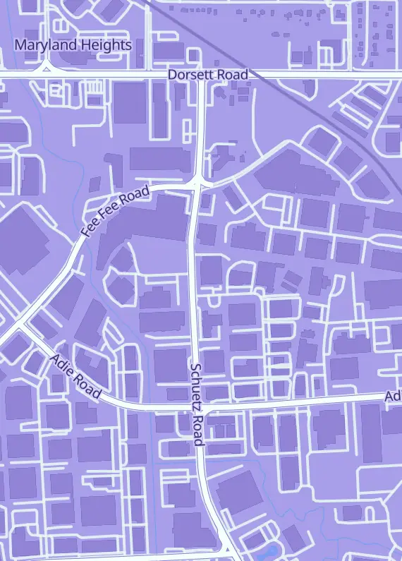 Street map around Forge and Fire Gaming, 2462 Schuetz Rd, Maryland Heights, MO