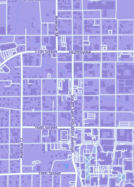 Street map around Gamers Grove, 1212 14th St, Huntsville, TX