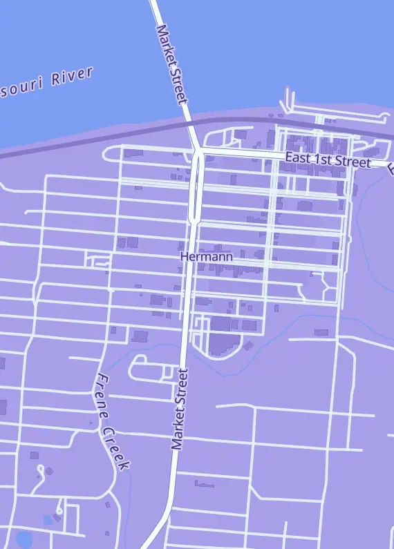 Street map around Kugelblitz Gaming, 407 Market St, Hermann, MO