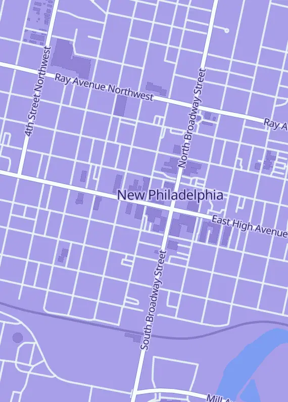 Street map around M.A.D. Bros. Games & Hobbies, 139 W High Ave, New Philadelphia, OH