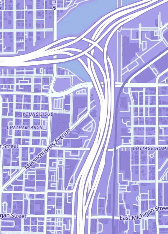 Street map around Moonshot Games, 881 Massachusetts Ave, Indianapolis, IN