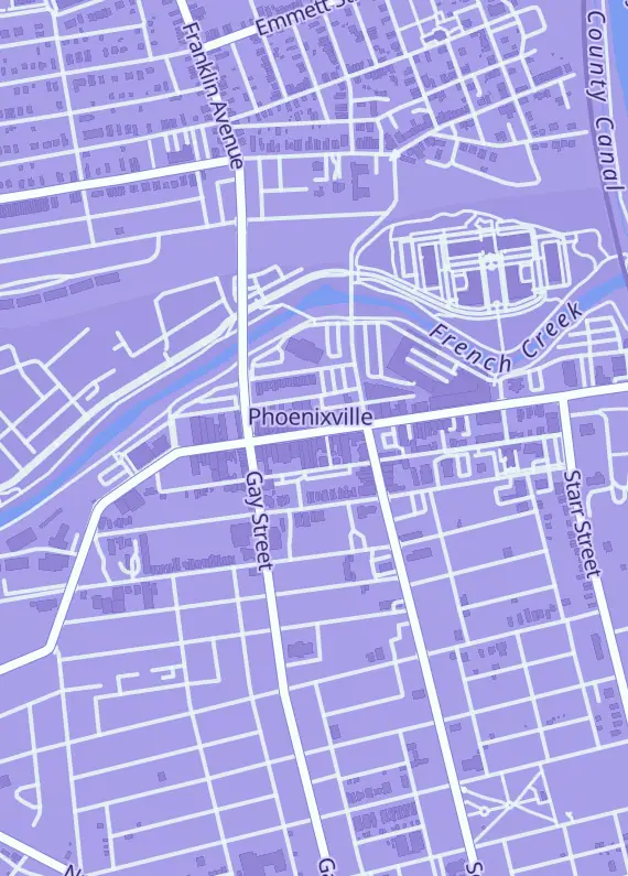 Street map around Nerd Merch, 224 Bridge St, Phoenixville, PA
