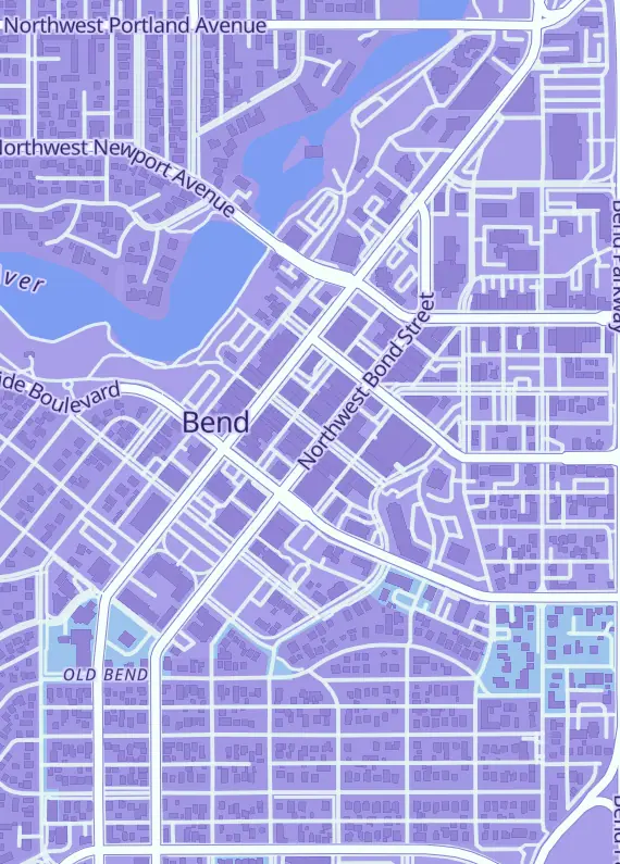 Street map around Pegasus Books of Bend, 105 NW Minnesota Ave, Bend, OR