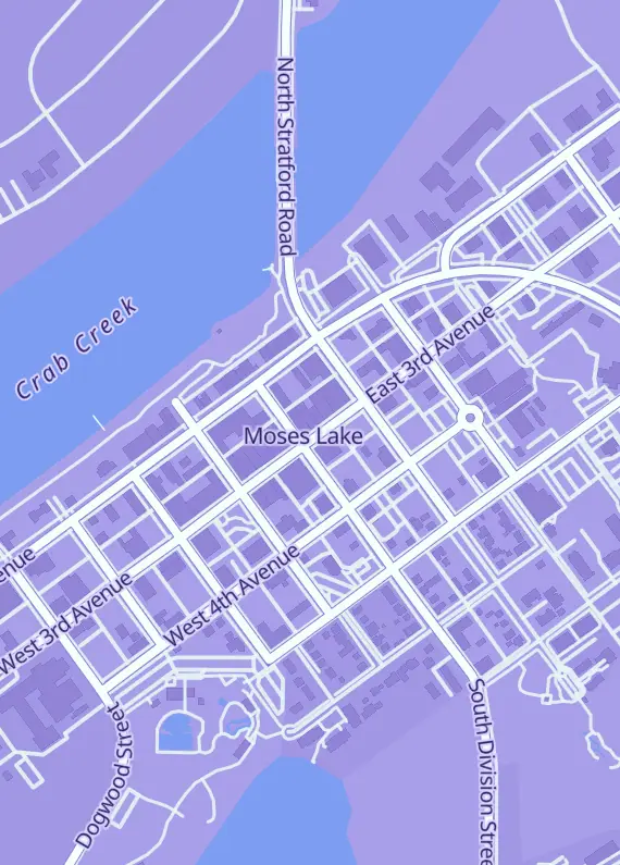 Street map around Sandbox Bookstore & Games, 102 E 3rd Ave Ste 104A, Moses Lake, WA