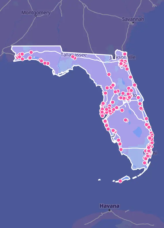 Map of Florida with every Pokémon card shop marked