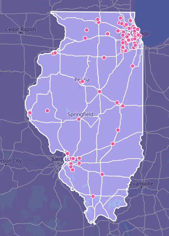 Map of Illinois with every Pokémon card shop marked