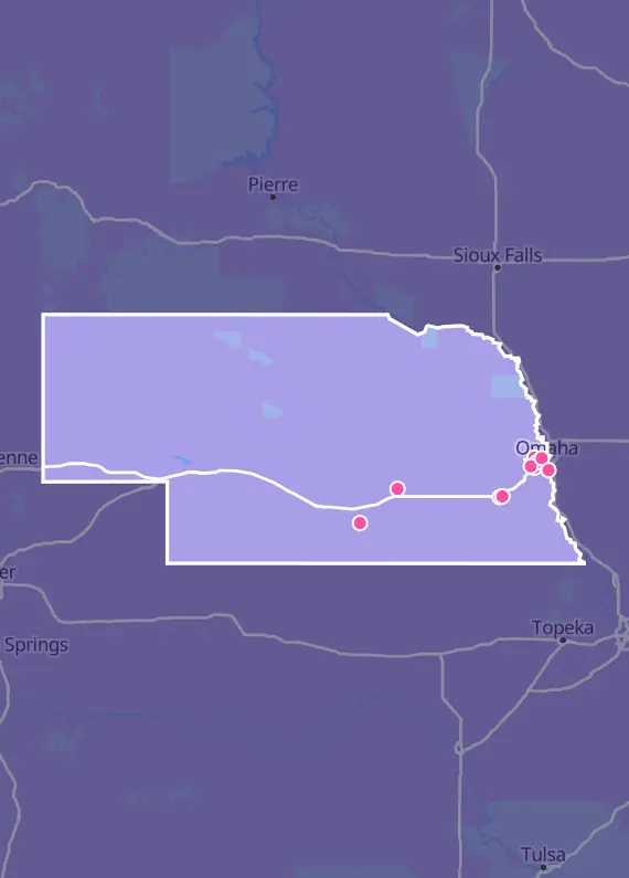 Map of Nebraska with every Pokémon card shop marked