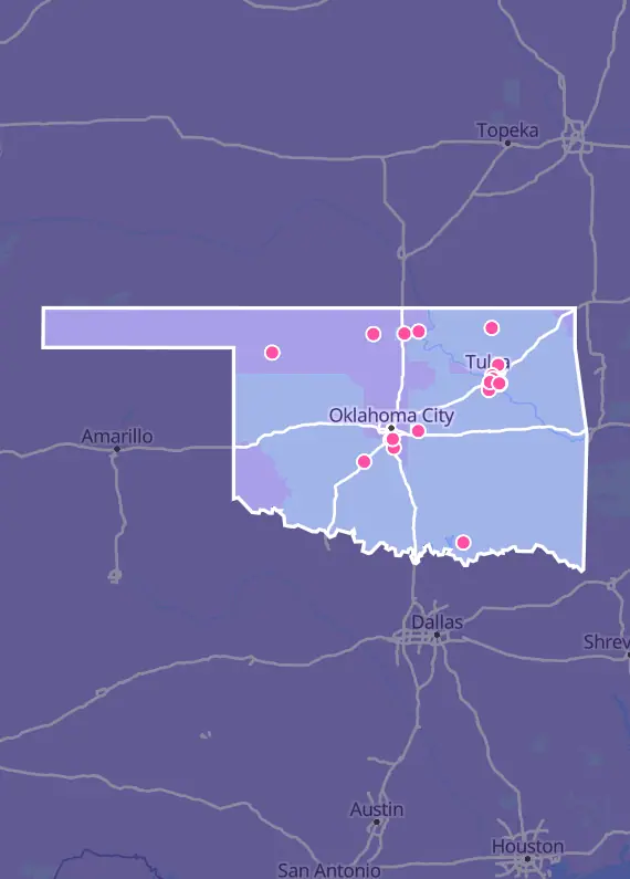 Map of Oklahoma with every Pokémon card shop marked