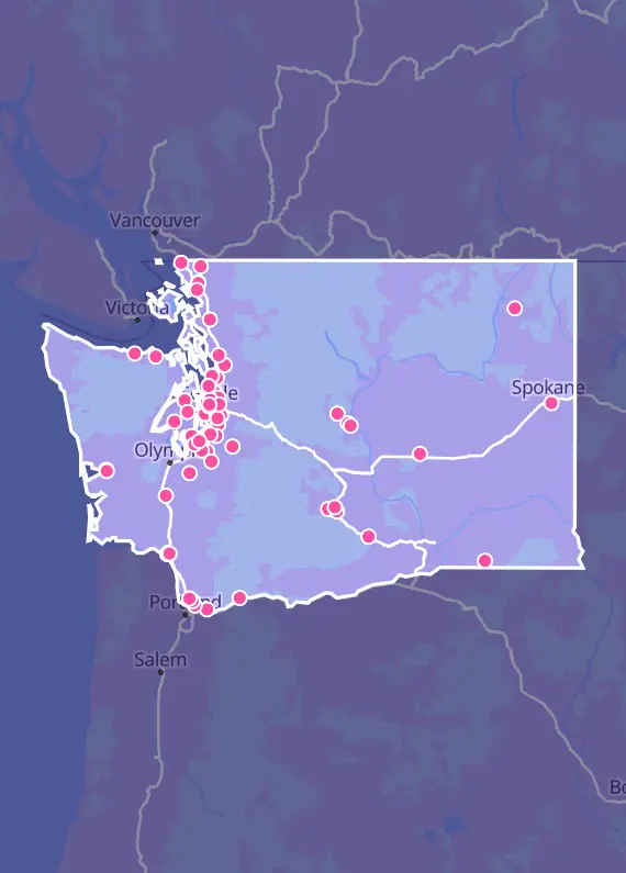 Map of Washington with every Pokémon card shop marked