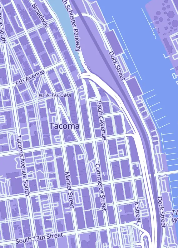 Street map around TerraCrux Games, 758 Commerce St, Tacoma, WA