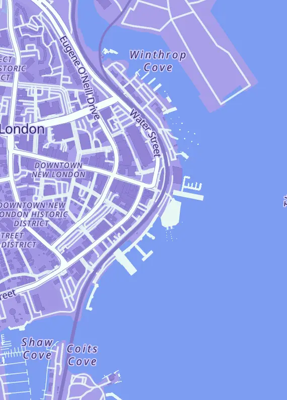 Street map around The Game Factory, 24 Bank St, New London, CT
