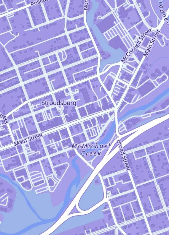 Street map around The Gamer's Edge Comics & Games, 580 Main St, Stroudsburg, PA