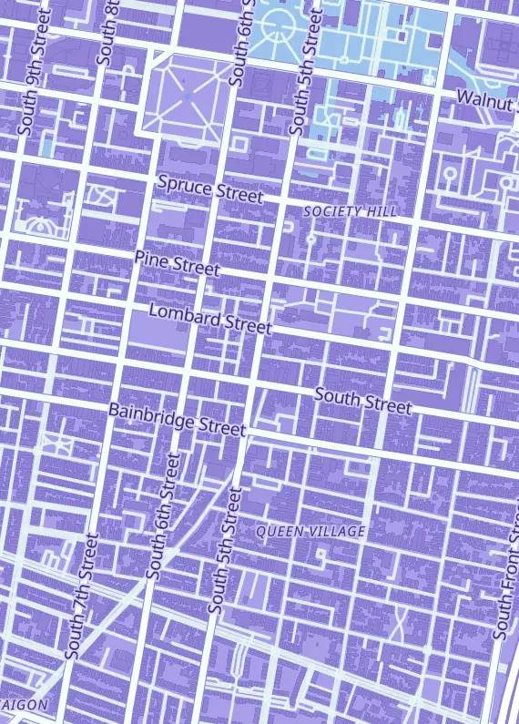 Street map around The Philly Game Shop, 521-525 S 5th St, Philadelphia, PA
