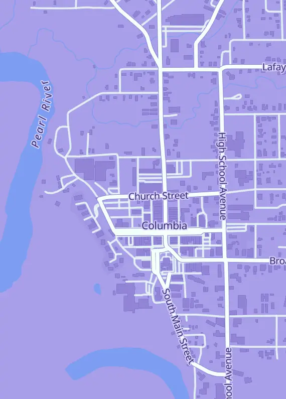 Street map around The Southern Geeks, 242 Church St, Columbia, MS