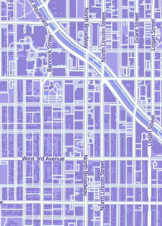 Street map around The Wizard's Chest, 451 Broadway, Denver, CO
